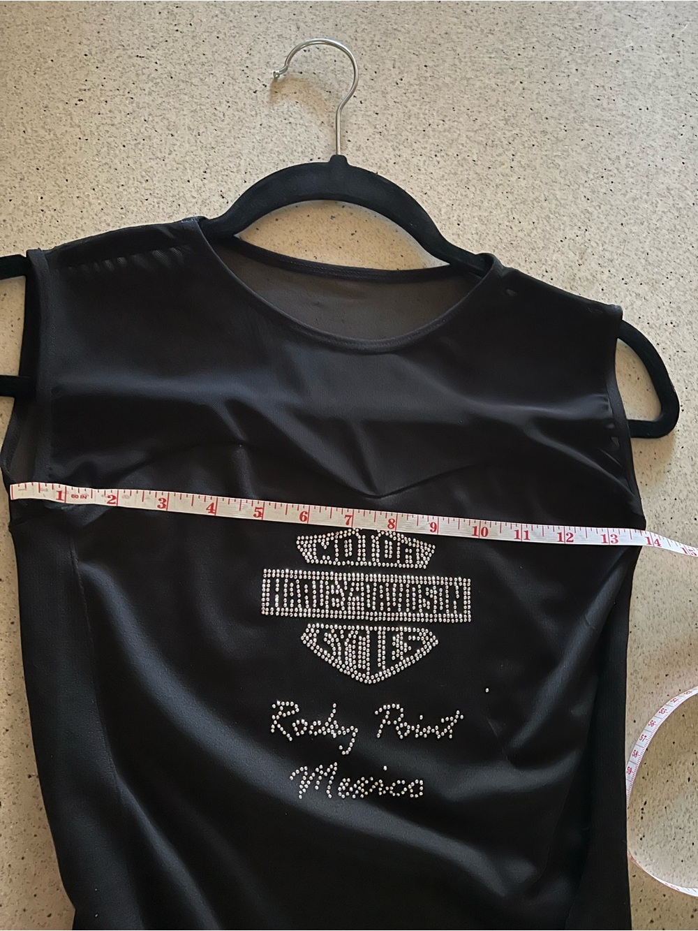 Black Sleeveless Mesh Yoke Top with Rhinestone Harley Davidson Logo - Picture 4 of 5